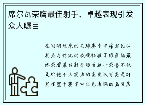 席尔瓦荣膺最佳射手，卓越表现引发众人瞩目